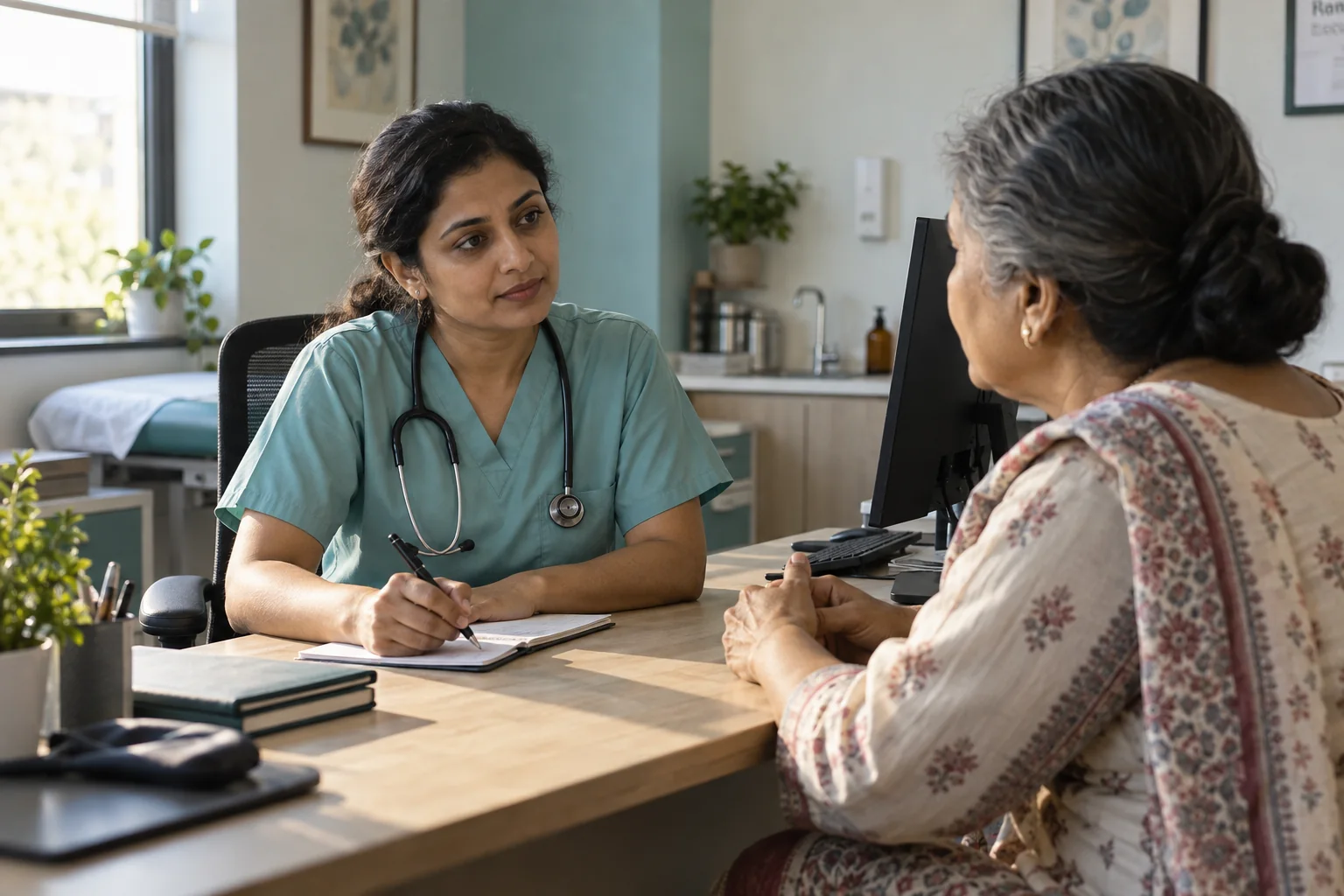 A doctor and patient talking at a consultation desk