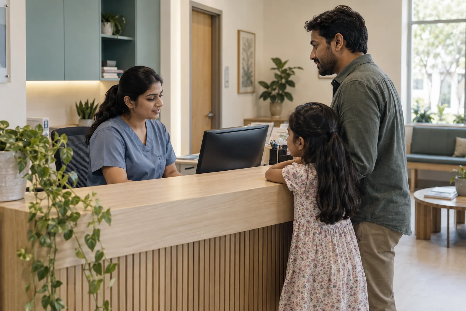 A receptionist welcoming a family to a clinic